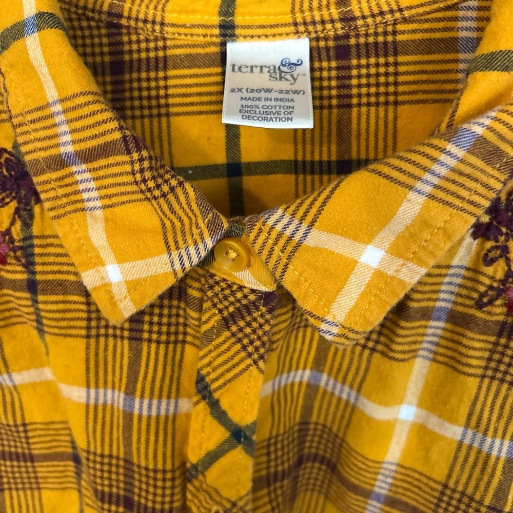 Yellow Plaid Button-Up Shirt with Embroidery - Picture 3 of 11